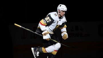 LAS VEGAS, NV - DECEMBER 3: Shea Theodore #27 of the Vegas Golden Knights skates onto the ice prior to the game against the Arizona Coyotes at T-Mobile Arena on December 3, 2017 in Las Vegas, Nevada. (Photo by Jeff Bottari/NHLI via Getty Images)