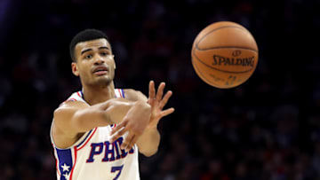 PHILADELPHIA, PA - NOVEMBER 18: Timothe Luwawu-Cabarrot #7 of the Philadelphia 76ers passes the ball against the Golden State Warriors at Wells Fargo Center on November 18, 2017 in Philadelphia,Pennsylvania. NOTE TO USER: User expressly acknowledges and agrees that, by downloading and or using this photograph, User is consenting to the terms and conditions of the Getty Images License Agreement. (Photo by Rob Carr/Getty Images)