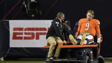 Nov 16, 2020; Chicago, Illinois, USA; Chicago Bears quarterback Nick Foles (9) leaves the game in the second half after an apparent injury Mandatory Credit: Quinn Harris-USA TODAY Sports