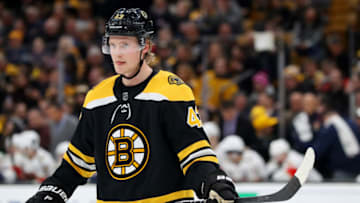 BOSTON, MASSACHUSETTS - MARCH 07: Danton Heinen #43 of the Boston Bruins looks on during the first period against the Florida Panthers at TD Garden on March 07, 2019 in Boston, Massachusetts. (Photo by Maddie Meyer/Getty Images)