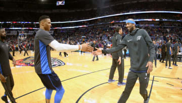 NEW ORLEANS, LA - APRIL 1: Russell Westbrook #0 and Corey Brewer #3 of the Oklahoma City Thunder shake hands before the game against the New Orleans Pelicans on April 1, 2018 at Smoothie King Center in New Orleans, Louisiana. NOTE TO USER: User expressly acknowledges and agrees that, by downloading and/or using this photograph, user is consenting to the terms and conditions of the Getty Images License Agreement. Mandatory Copyright Notice: Copyright 2018 NBAE (Photo by Layne Murdoch/NBAE via Getty Images)