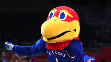 SAN ANTONIO, TX - MARCH 30: The Kansas Jayhawks mascot runs on the court during practice before the 2018 Men's NCAA Final Four at the Alamodome on March 30, 2018 in San Antonio, Texas. (Photo by Tom Pennington/Getty Images)