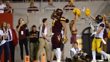 Sep 24, 2016; Tempe, AZ, USA; Arizona State Sun Devils tight end Jay Jay Wilson (9) celebrates a touchdown against the California Golden Bears during the second half at Sun Devil Stadium. The Sun Devils won 51-41. Mandatory Credit: Joe Camporeale-USA TODAY Sports