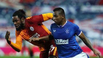 GLASGOW, SCOTLAND - OCTOBER 01: Alfredo Morelos of Rangers battles for possession with Christian Luyindama of Galatasaray during the UEFA Europa League play-off match between Rangers and Galatasaray at Ibrox Stadium on October 01, 2020 in Glasgow, Scotland. Football Stadiums around Europe remain empty due to the Coronavirus Pandemic as Government social distancing laws prohibit fans inside venues resulting in fixtures being played behind closed doors. (Photo by Ian MacNicol/Getty Images)
