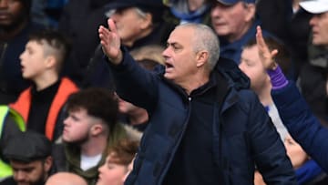 Tottenham Hotspur's Portuguese head coach Jose Mourinho reacts during the English Premier League football match between Chelsea and Tottenham Hotspur at Stamford Bridge in London on February 22 2020. (Photo by Glyn KIRK / AFP) / RESTRICTED TO EDITORIAL USE. No use with unauthorized audio, video, data, fixture lists, club/league logos or 'live' services. Online in-match use limited to 120 images. An additional 40 images may be used in extra time. No video emulation. Social media in-match use limited to 120 images. An additional 40 images may be used in extra time. No use in betting publications, games or single club/league/player publications. / (Photo by GLYN KIRK/AFP via Getty Images)