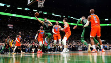 BOSTON, MASSACHUSETTS - MARCH 08: Jayson Tatum #0 of the Boston Celtics drives to the basket during the fourth quarter of the game against the Oklahoma City Thunder at TD Garden on March 08, 2020 in Boston, Massachusetts. NOTE TO USER: User expressly acknowledges and agrees that, by downloading and or using this photograph, User is consenting to the terms and conditions of the Getty Images License Agreement. (Photo by Omar Rawlings/Getty Images)