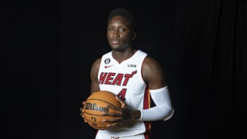 Victor Oladipo #4 of the Miami Heat poses for a portrait during media day at FTX Arena(Photo by Eric Espada/Getty Images)