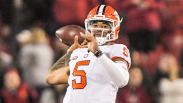 Clemson quarterback D.J. Uiagalelei (5) throws a pass to wide receiver Beaux Collins (80) for a touchdown during the first quarter at Cardinal Stadium in Louisville, Kentucky Saturday, November 6, 2021.Ncaa Football Clemson At Louisville