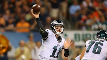 Sep 19, 2016; Chicago, IL, USA; Philadelphia Eagles quarterback Carson Wentz (11) throws a pass during the first quarter against the Chicago Bears at Soldier Field. Mandatory Credit: Dennis Wierzbicki-USA TODAY Sports