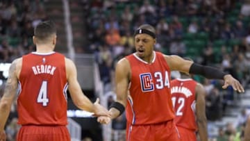 Dec 26, 2015; Salt Lake City, UT, USA; Los Angeles Clippers guard J.J. Redick (4) and forward Paul Pierce (34) react during a break in action against the Utah Jazz at Vivint Smart Home Arena. The Clippers won 109-104. Mandatory Credit: Rob Gray-USA TODAY Sports