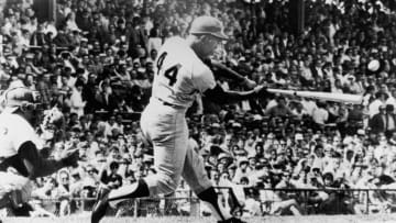 American baseball player Hank Aaron of the Atlanta Braves collects his 3000th career hit during a game against the Cincinnati Reds at Crosley Field, Cincinnati, Ohio, May 17, 1970. With the hit, he became the first Major League player to achieve 3000. (Photo by Bruce Bennett Studios/Getty Images)