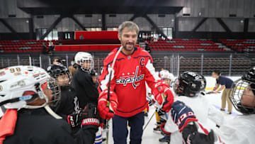 BEIJING, CHINA - AUGUST 05: Alex Ovechkin coaches with children on-ice at Shougang Rink on August 05, 2019 in Beijing, China. (Photo by Emmanuel Wong/NHLI via Getty Images)