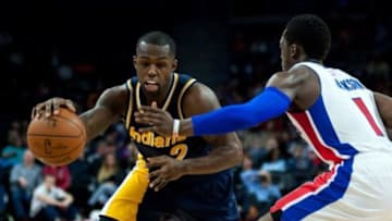 Apr 10, 2015; Auburn Hills, MI, USA; Indiana Pacers guard Rodney Stuckey (2) goes to the basket against Detroit Pistons guard Reggie Jackson (1) during the fourth quarter at The Palace of Auburn Hills. Pacers won 107-103. Mandatory Credit: Tim Fuller-USA TODAY Sports