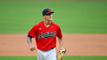 CLEVELAND, OHIO - JULY 29: Starting pitcher Zach Plesac #34 of the Cleveland Indians reacts after retiring the side during the eighth inningagainst the Chicago White Sox at Progressive Field on July 29, 2020 in Cleveland, Ohio. The White Sox defeated the Indians 4-0. (Photo by Jason Miller/Getty Images)