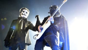 RENO, NEVADA - JANUARY 25: Tobias Forge (L) and one the band's Nameless Ghouls of Ghost perform at Reno Events Center on January 25, 2022 in Reno, Nevada. (Photo by Tim Mosenfelder/Getty Images)