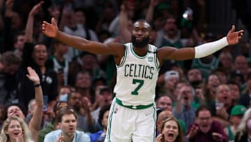 BOSTON, MASSACHUSETTS - MAY 23: Jaylen Brown #7 of the Boston Celtics celebrates a basket against the Miami Heat during the third quarter in Game Four of the 2022 NBA Playoffs Eastern Conference Finals at TD Garden on May 23, 2022 in Boston, Massachusetts. NOTE TO USER: User expressly acknowledges and agrees that, by downloading and or using this photograph, User is consenting to the terms and conditions of the Getty Images License Agreement. (Photo by Elsa/Getty Images)