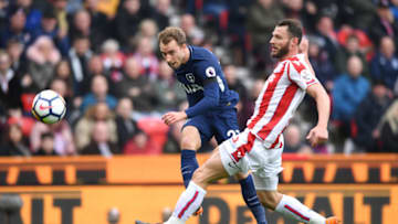 STOKE ON TRENT, ENGLAND - APRIL 07: Christian Eriksen of Tottenham Hotspur and Erik Pieters of Stoke City battle for the ball during the Premier League match between Stoke City and Tottenham Hotspur at Bet365 Stadium on April 7, 2018 in Stoke on Trent, England. (Photo by Gareth Copley/Getty Images)