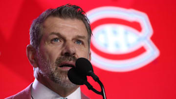 VANCOUVER, BRITISH COLUMBIA - JUNE 21: General manager Marc Bergevin of the Montreal Canadiens speaks onstage during the first round of the 2019 NHL Draft at Rogers Arena on June 21, 2019 in Vancouver, Canada. (Photo by Dave Sandford/NHLI via Getty Images)