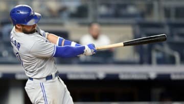 Sep 6, 2016; Bronx, NY, USA; Toronto Blue Jays center fielder Kevin Pillar (11) hits a two run double against the New York Yankees during the eighth inning at Yankee Stadium. Mandatory Credit: Brad Penner-USA TODAY Sports