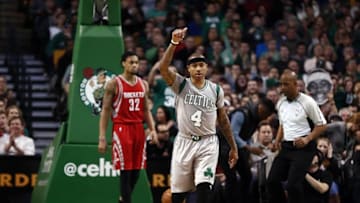 Mar 11, 2016; Boston, MA, USA; Boston Celtics guard Isaiah Thomas (4) celebrates against the Houston Rockets during the first half at TD Garden. Mandatory Credit: Mark L. Baer-USA TODAY Sports