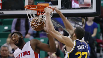 Jan 25, 2016; Salt Lake City, UT, USA; Utah Jazz center Rudy Gobert (27) dunks the ball on Detroit Pistons center Andre Drummond (0) in the first quarter at Vivint Smart Home Arena. Mandatory Credit: Jeff Swinger-USA TODAY Sports