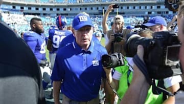 Sep 22, 2013; Charlotte, NC, USA; New York Giants head coach Tom Coughlin on the field after the game. The Carolina Panthers defeated the New York Giants 38-0 at Bank of America Stadium. Mandatory Credit: Bob Donnan-USA TODAY Sports