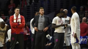 Jan 10, 2016; Los Angeles, CA, USA; Los Angeles Clippers forward Blake Griffin (32) looks on during overtime against the New Orleans Pelicans at Staples Center. The Los Angeles Clippers won in overtime 114-111. Mandatory Credit: Kelvin Kuo-USA TODAY Sports