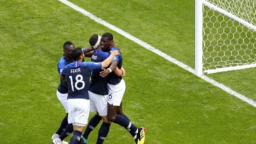 KAZAN, RUSSIA - JUNE 16: Paul Pogba of France celebrates after scoring his side's second goal with teammates during the 2018 FIFA World Cup Russia group C match between France and Australia at Kazan Arena on June 16, 2018 in Kazan, Russia. (Photo by Kevin C. Cox/Getty Images)