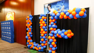 GAINESVILLE, FLORIDA - DECEMBER 05: Orange and Blue balloons are seen arranged into the letters "UF" before a press conference introducing Billy Napier to the Media as the new Head Football Coach of the Florida Gators at Ben Hill Griffin Stadium on December 05, 2021 in Gainesville, Florida. (Photo by James Gilbert/Getty Images)