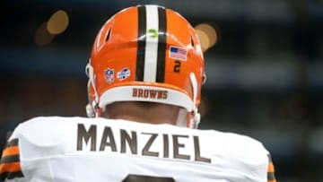 Aug 9, 2014; Detroit, MI, USA; Cleveland Browns quarterback Johnny Manziel (2) before the game against the Detroit Lions at Ford Field. Mandatory Credit: Tim Fuller-USA TODAY Sports