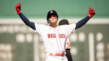 BOSTON, MA - MARCH 30: Alex Verdugo #99 of the Boston Red Sox reacts after hitting a triple during the first inning of the Opening Day game against the Baltimore Orioles on March 30, 2023 at Fenway Park in Boston, Massachusetts. (Photo by Maddie Malhotra/Boston Red Sox/Getty Images)