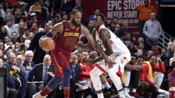 CLEVELAND, OH - MARCH 21: LeBron James #23 of the Cleveland Cavaliers handles the ball against the Toronto Raptors on March 21, 2018 at Quicken Loans Arena in Cleveland, Ohio. NOTE TO USER: User expressly acknowledges and agrees that, by downloading and/or using this Photograph, user is consenting to the terms and conditions of the Getty Images License Agreement. Mandatory Copyright Notice: Copyright 2018 NBAE (Photo by David Liam Kyle/NBAE via Getty Images)