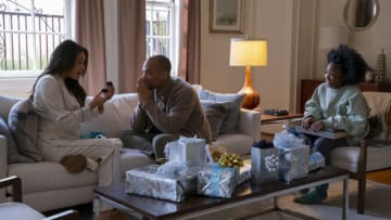 Shay Mitchell, Kendrick Sampson and Leah Jeffries star in Something From Tiffany'sCredit: Erin Simkin/© 2022 Amazon Content Services LLCCopyright: © Amazon Content Services LLC
