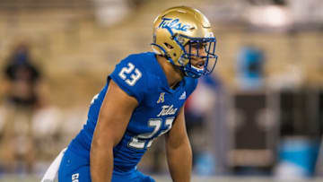 Nov 14, 2020; Tulsa, Oklahoma, USA; Tulsa Golden Hurricane linebacker Zaven Collins (23) gets ready for a play during the game against the Southern Methodist Mustangs at Skelly Field at H.A. Chapman Stadium. Tulsa won 28-24. Mandatory Credit: Brett Rojo-USA TODAY Sports