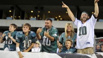 Aug 15, 2013; Philadelphia, PA, USA; Philadelphia Eagles fans cheer against the Carolina Panthers during the first half at Lincoln Financial Field. Mandatory Credit: Joe Camporeale-USA TODAY Sports