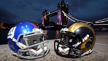 Oct 21, 2016; London, United Kingdom; General view of New York Giants and Los Angeles Rams helmets and the River Thames and Tower Bridge prior to game 16 of the NFL International Series. Mandatory Credit: Kirby Lee-USA TODAY Sports