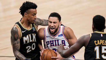 Jun 18, 2021; Atlanta, Georgia, USA; Philadelphia 76ers guard Ben Simmons (25) drives to the basket against Atlanta Hawks forward John Collins (20) during the first half in game six in the second round of the 2021 NBA Playoffs. at State Farm Arena. Mandatory Credit: Dale Zanine-USA TODAY Sports