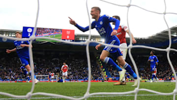 LEICESTER, ENGLAND - APRIL 28: Jamie Vardy of Leicester City celebrates as he scores his team's third goal during the Premier League match between Leicester City and Arsenal FC at The King Power Stadium on April 28, 2019 in Leicester, United Kingdom. (Photo by Marc Atkins/Getty Images)