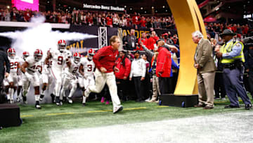 ATLANTA, GA - JANUARY 08: Head coach Nick Saban of the Alabama Crimson Tide leads his team out of the tunnel prior to the game against the Georgia Bulldogs in the CFP National Championship presented by AT&T at Mercedes-Benz Stadium on January 8, 2018 in Atlanta, Georgia. (Photo by Jamie Squire/Getty Images)