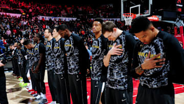 ATLANTA, GA - JANUARY 15: the Atlanta Hawks stand for the national anthem prior to the game against the San Antonio Spurs on January 15, 2018 at Philips Arena in Atlanta, Georgia. NOTE TO USER: User expressly acknowledges and agrees that, by downloading and/or using this Photograph, user is consenting to the terms and conditions of the Getty Images License Agreement. Mandatory Copyright Notice: Copyright 2018 NBAE (Photo by Scott Cunningham/NBAE via Getty Images)