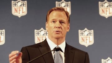 Sep 19, 2014; New York, NY, USA; NFL commissioner Roger Goodell addresses the media at a press conference at New York Hilton. Mandatory Credit: Andy Marlin-USA TODAY Sports