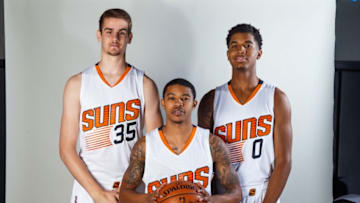 Sep 26, 2016; Phoenix, AZ, USA; Phoenix Suns forward Dragan Bender (left), guard Tyler Ulis (center) and forward Marquese Chriss pose for a portrait during media day at Talking Stick Resort Arena. Mandatory Credit: Mark J. Rebilas-USA TODAY Sports