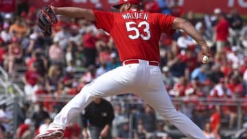 Mar 21, 2016; Jupiter, FL, USA; St. Louis Cardinals relief pitcher Jordan Walden (53) delivers a pitch against the Boston Red Sox during the game at Roger Dean Stadium. The Red Sox defeated the Cardinals 4-3. Mandatory Credit: Scott Rovak-USA TODAY Sports