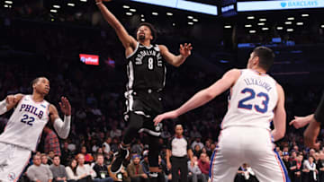 NEW YORK, NY - MARCH 11: Spencer Dinwiddie #8 of the Brooklyn Nets lays up a shot against Ersan Ilyasova #23 of the Philadelphia 76ers during the game at Barclays Center on March 11, 2018 in the Brooklyn borough of New York City. NOTE TO USER: User expressly acknowledges and agrees that, by downloading and or using this photograph, User is consenting to the terms and conditions of the Getty Images License Agreement. (Photo by Matteo Marchi/Getty Images) *** Local Caption *** Spencer Dinwiddie; Ersan Ilyasova