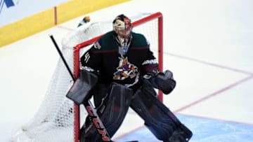 Nov 27, 2015; Glendale, AZ, USA; Arizona Coyotes goalie Mike Smith (41) defends during the first period against the Calgary Flames at Gila River Arena. Mandatory Credit: Matt Kartozian-USA TODAY Sports