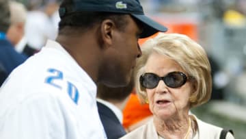 Oct 18, 2015; Detroit, MI, USA; Detroit Lions owner Martha Ford speaks with former player Barry Sanders before the game against the Chicago Bears at Ford Field. Mandatory Credit: Tim Fuller-USA TODAY Sports