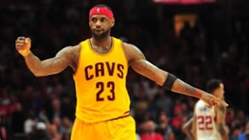 January 16, 2015; Los Angeles, CA, USA; Cleveland Cavaliers forward LeBron James (23) reacts during the 126-121 victory against the Los Angeles Clippers in the second half at Staples Center. Mandatory Credit: Gary A. Vasquez-USA TODAY Sports
