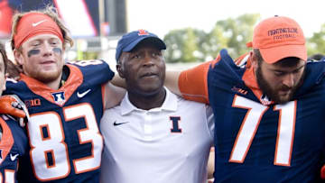 Sep 3, 2016; Champaign, IL, USA; Illinois Fighting Illini wide receiver Samuel Harlib (82) and Illinois Fighting Illini offensive lineman Joe Spencer (71) celebrate with head coach Lovie Smith after the game against the Murray State Racers at Memorial Stadium. Illinois defeated Murray State 52 to 3. Mandatory Credit: Mike Granse-USA TODAY Sports