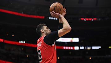 CHICAGO, ILLINOIS - NOVEMBER 01: Zach LaVine #8 of the Chicago Bulls takes a three point shot during the second half of a game against the Detroit Pistons at United Center on November 01, 2019 in Chicago, Illinois. NOTE TO USER: User expressly acknowledges and agrees that, by downloading and or using this photograph, User is consenting to the terms and conditions of the Getty Images License Agreement. (Photo by Stacy Revere/Getty Images)