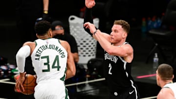 NEW YORK, NEW YORK - JUNE 05: Giannis Antetokounmpo #34 of the Milwaukee Bucks is defended by Blake Griffin #2 of the Brooklyn Nets (Photo by Steven Ryan /Getty Images)